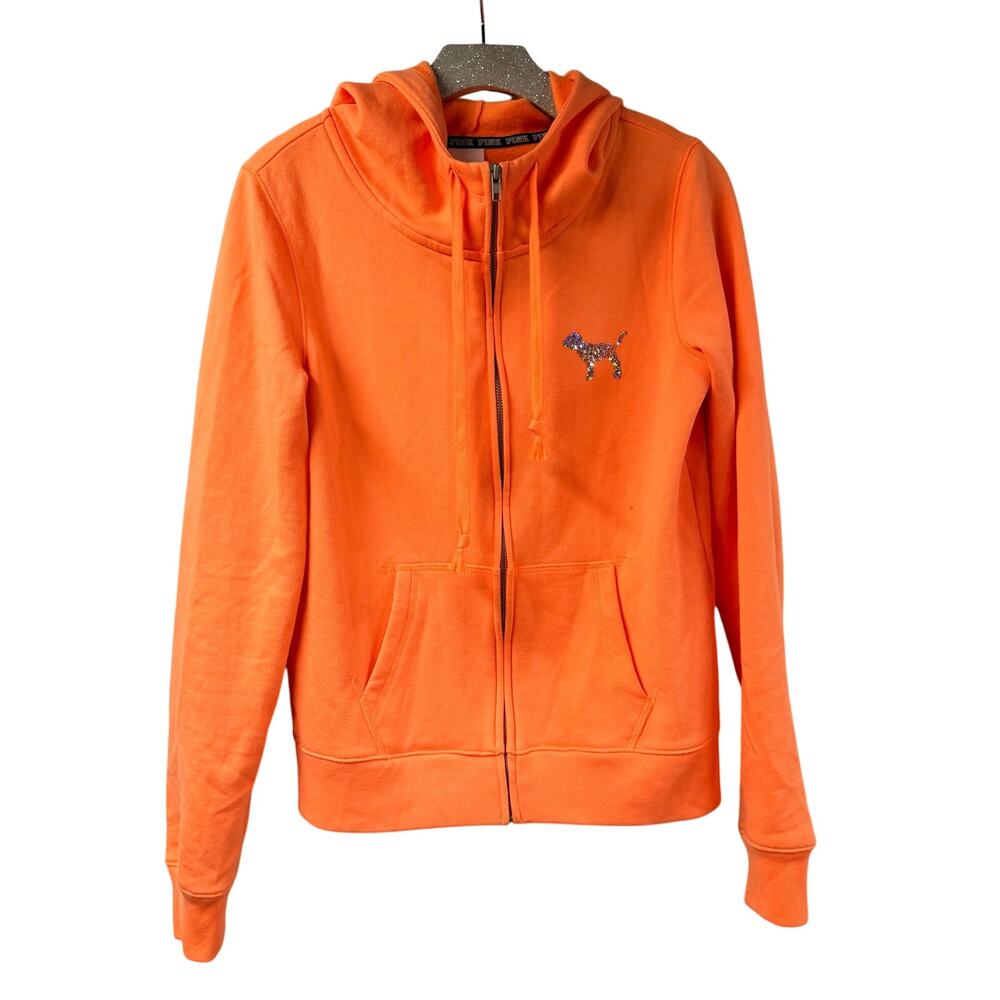 Victorias Secret LOVE PINK Hoodie Sequin Orange Full Zip Small Bling